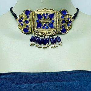 Blue Jewelry Set, Statement Choker Necklace With Earrings, Pearls Jewelry,
